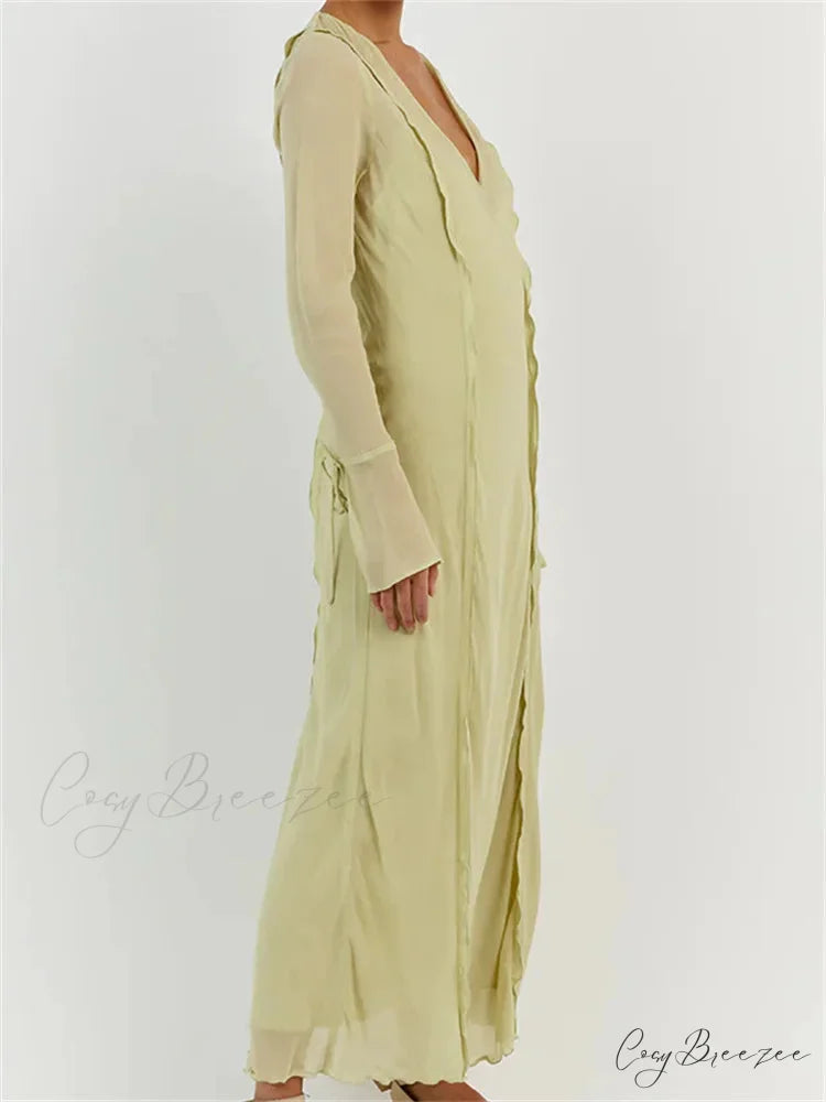Women Sleeve Loose Casual V Neck Mesh See Through Party Beach Cocktail Club Vestidos Streetwear