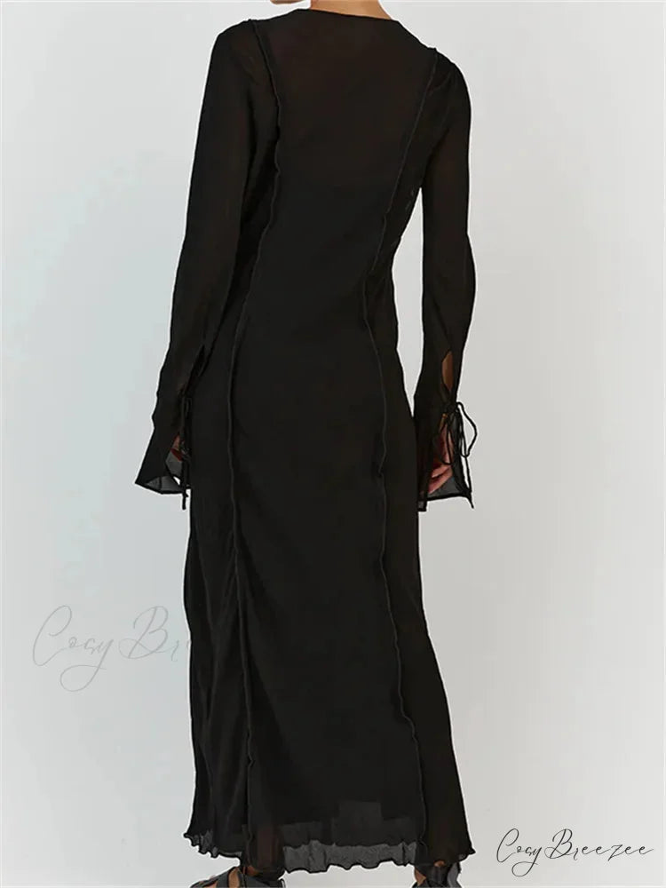 Women Sleeve Loose Casual V Neck Mesh See Through Party Beach Cocktail Club Vestidos Streetwear