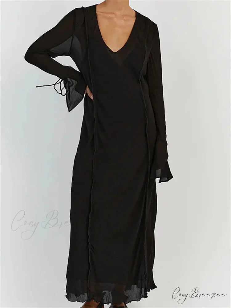Women Sleeve Loose Casual V Neck Mesh See Through Party Beach Cocktail Club Vestidos Streetwear Black / S