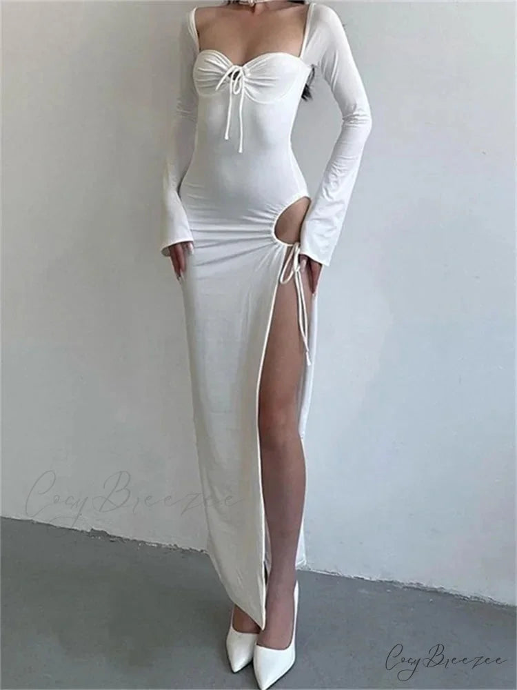 Women Sleeve Low-cut Tie-up Solid Color Slim Fit Cocktail Party High Split Female Vestidos