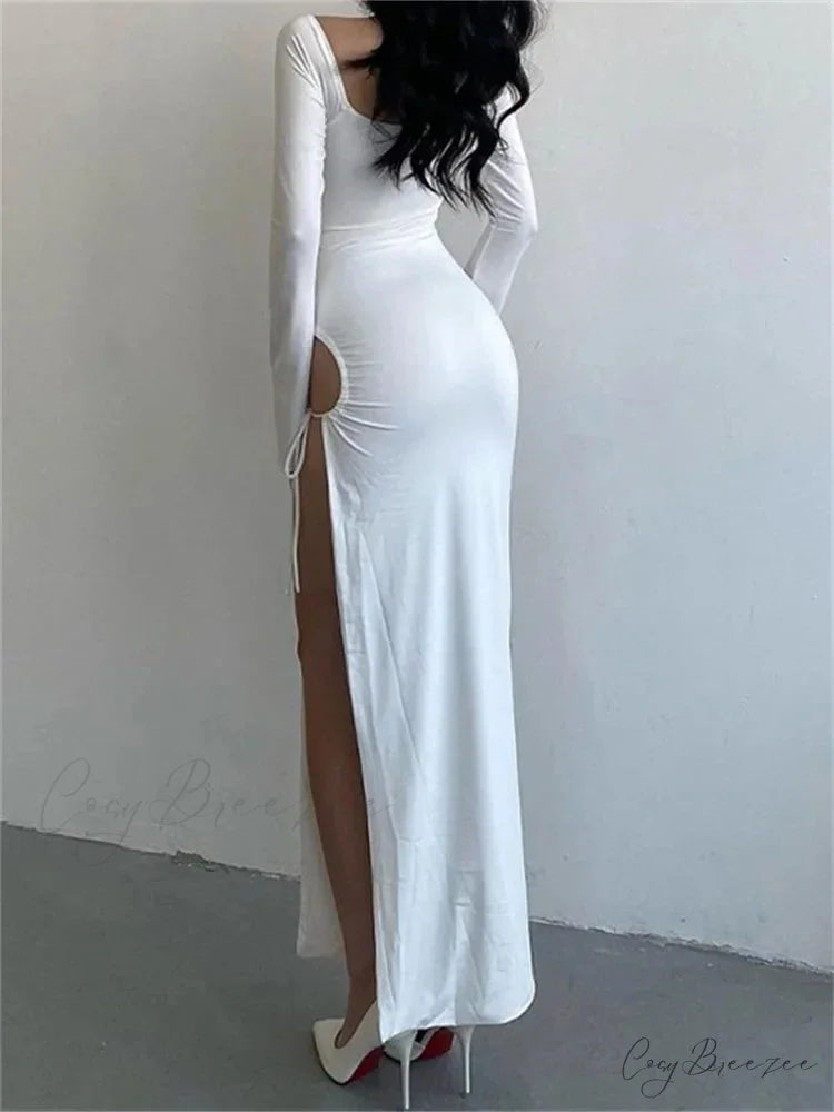 Women Sleeve Low-cut Tie-up Solid Color Slim Fit Cocktail Party High Split Female Vestidos