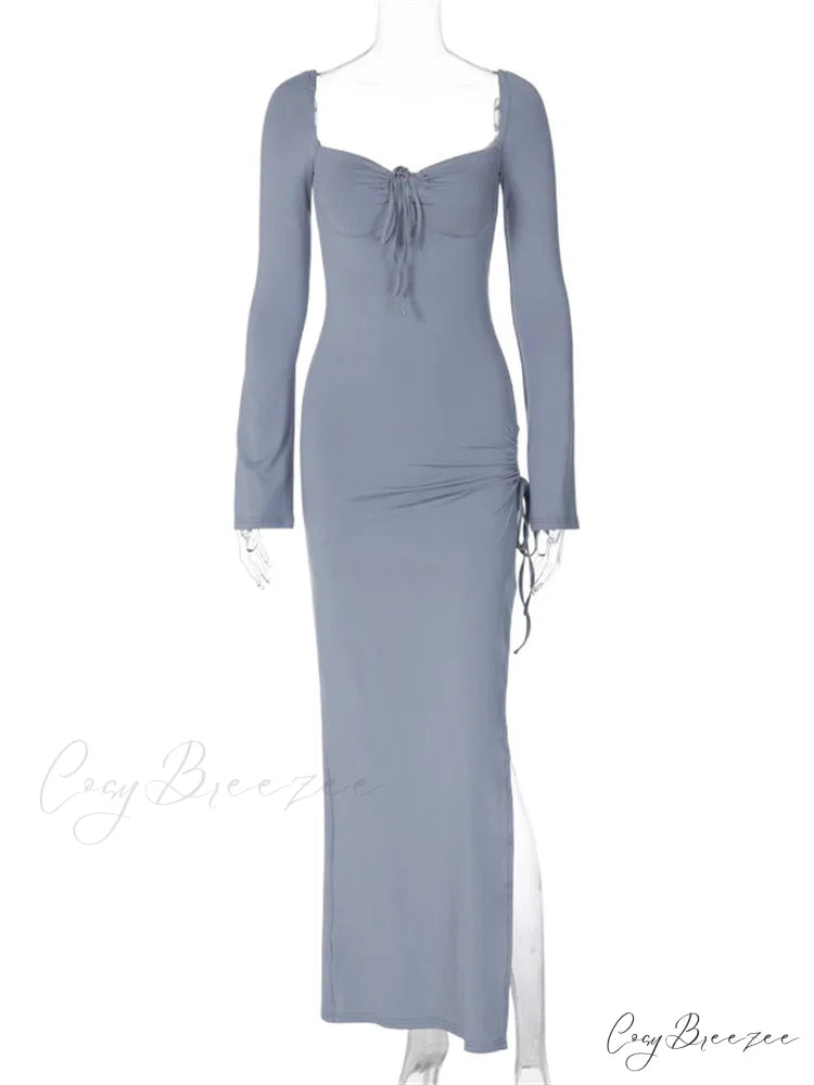 Women Sleeve Low-cut Tie-up Solid Color Slim Fit Cocktail Party High Split Female Vestidos