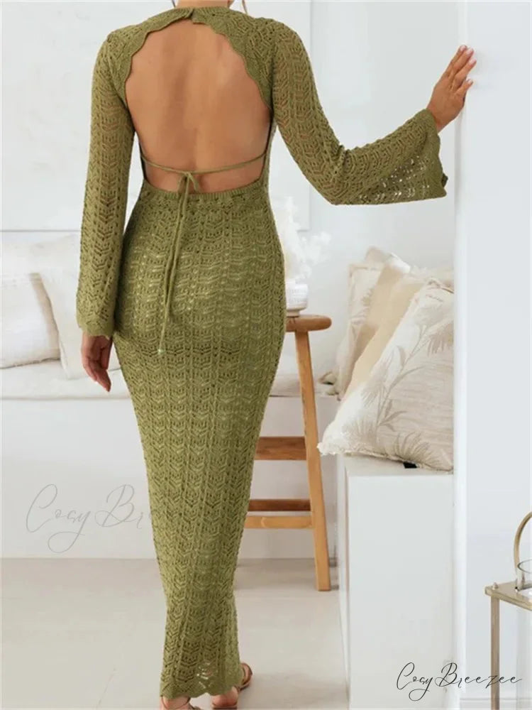 Women Sleeve Round Neck Backless Tie-up Hollow Out Cocktail Spring Autumn Female Vestidos