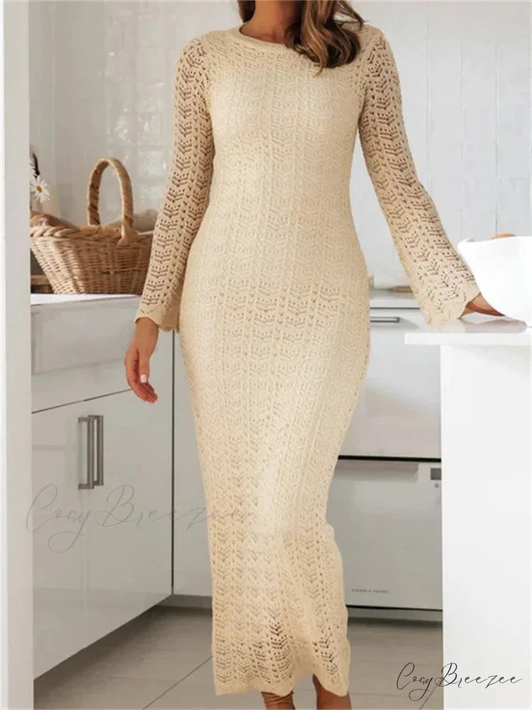 Women Sleeve Round Neck Backless Tie-up Hollow Out Cocktail Spring Autumn Female Vestidos Beige / S