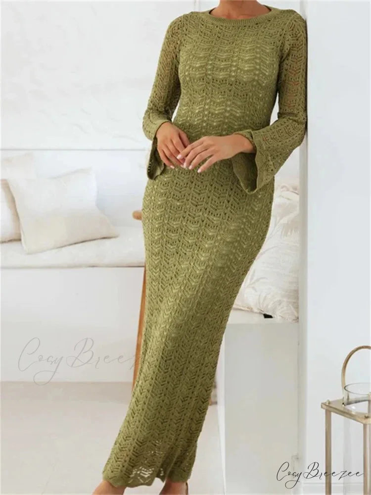 Women Sleeve Round Neck Backless Tie-up Hollow Out Cocktail Spring Autumn Female Vestidos Green / S