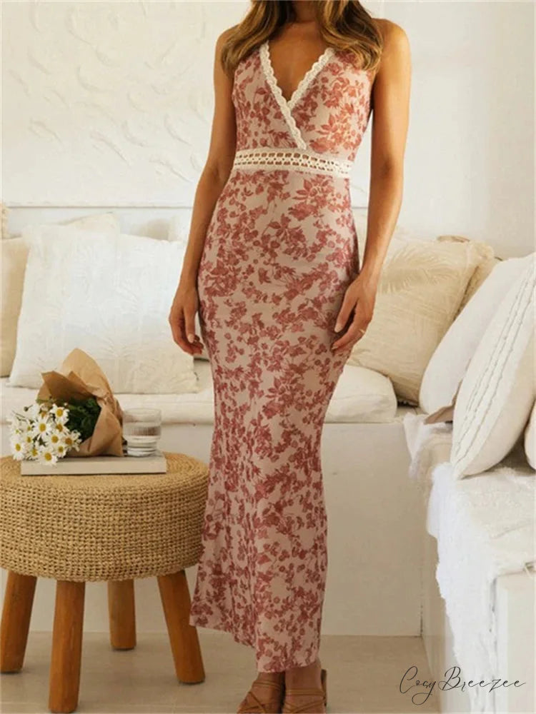 Women Sleeveless Lace Trim Tank Summer Floral Print Party for Cocktail Beach Club Vestido Streetwear PINK / S