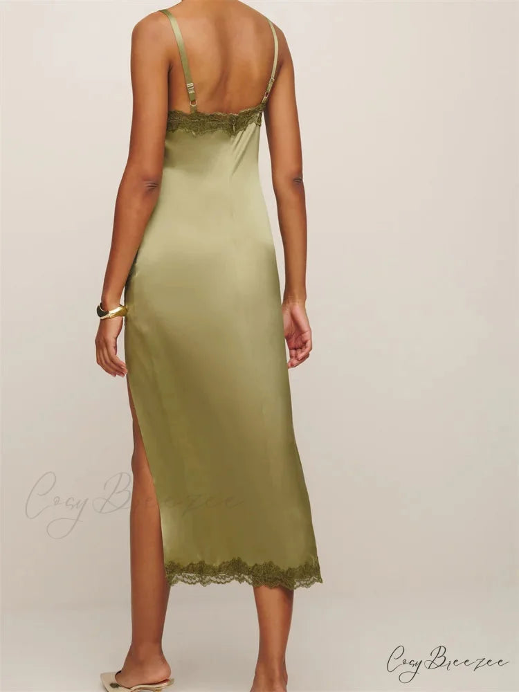 Women Sleeveless Strap Summer Lace Patchwork V Neck Backless Split Party Cocktail Beach Streetwear
