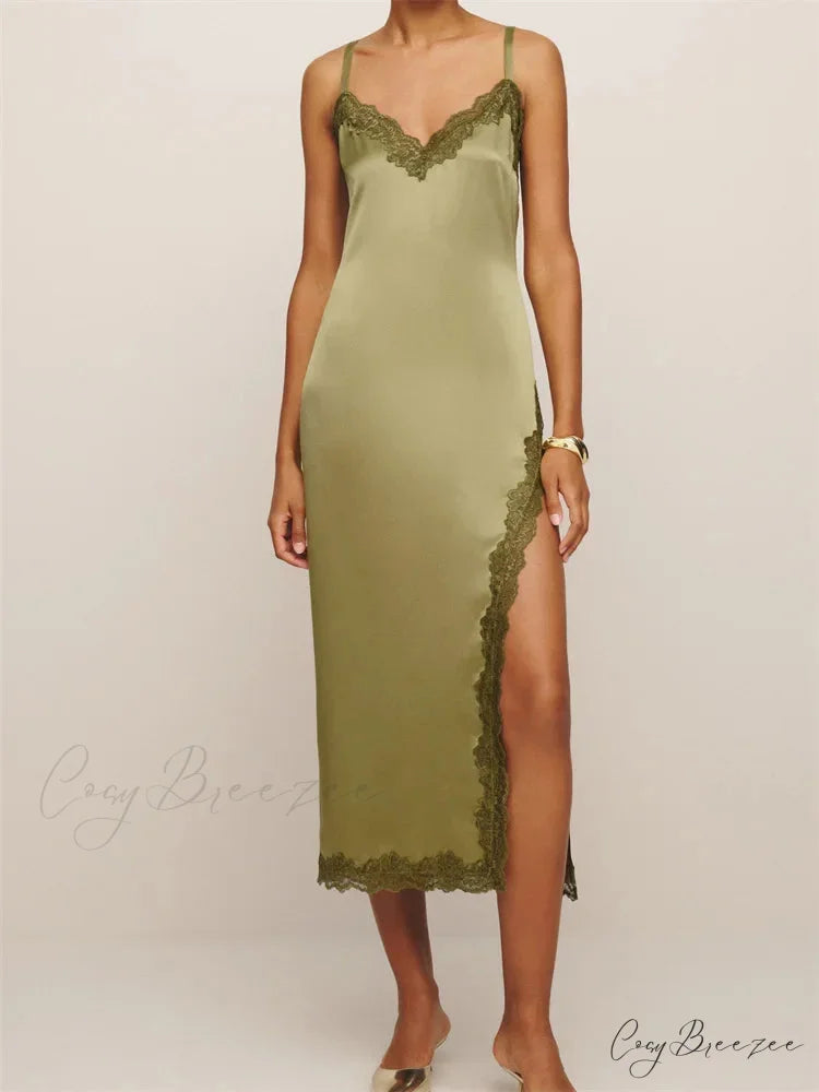 Women Sleeveless Strap Summer Lace Patchwork V Neck Backless Split Party Cocktail Beach Streetwear GREEN / S