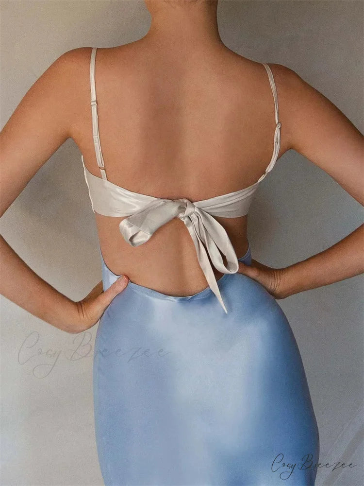 Women Slim Adjustable Strap Back Tie-up High Waist Low Cut Contrast Color Wedding Party Club Vestido