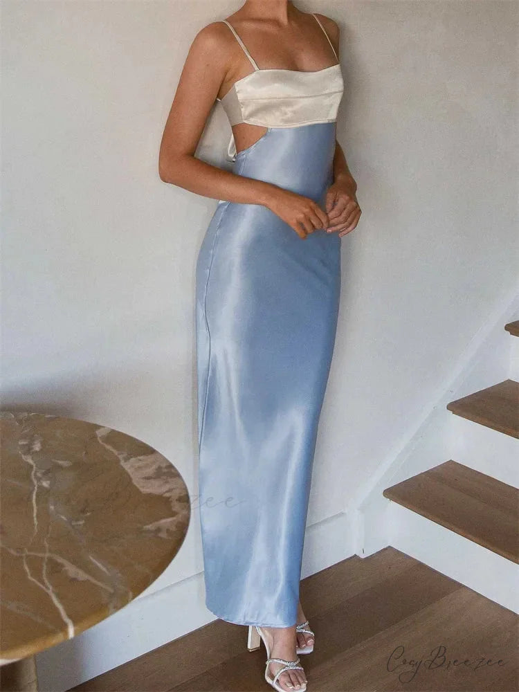 Women Slim Adjustable Strap Back Tie-up High Waist Low Cut Contrast Color Wedding Party Club Vestido