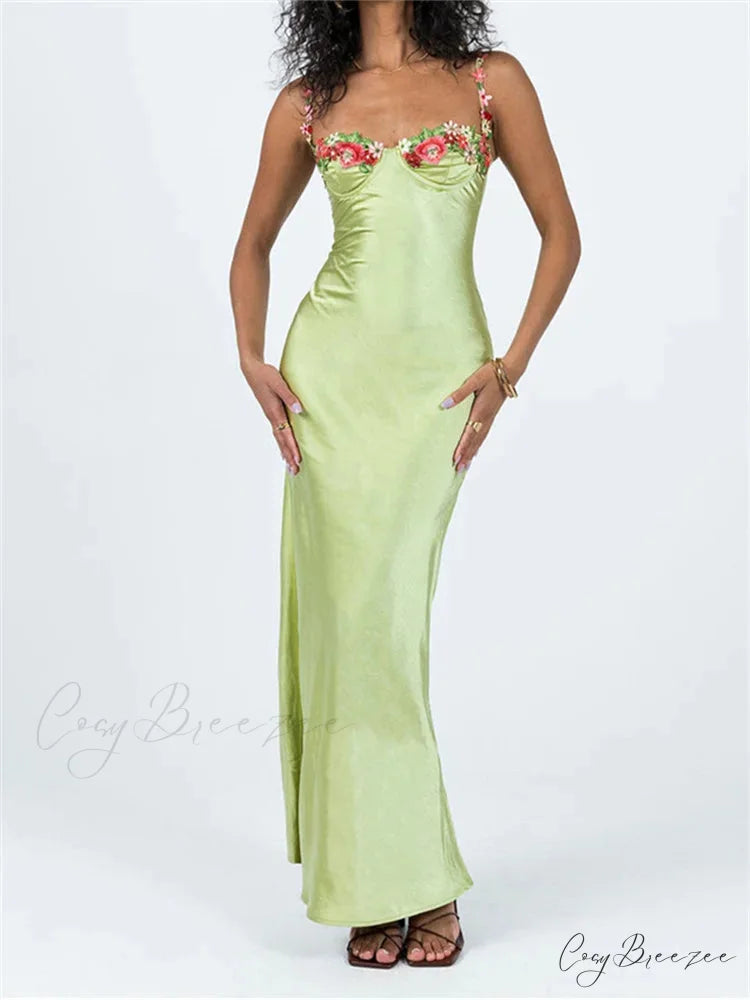 Women Sling Bodycon Flower Embroidery Sleeveless Spaghetti Strap Cocktail Summer Party Club Vestidos
