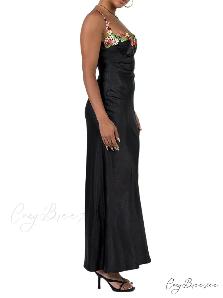 Women Sling Bodycon Flower Embroidery Sleeveless Spaghetti Strap Cocktail Summer Party Club Vestidos