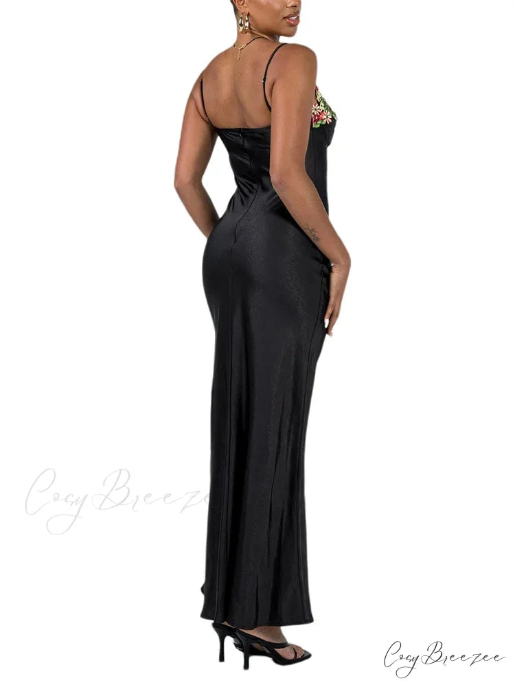 Women Sling Bodycon Flower Embroidery Sleeveless Spaghetti Strap Cocktail Summer Party Club Vestidos