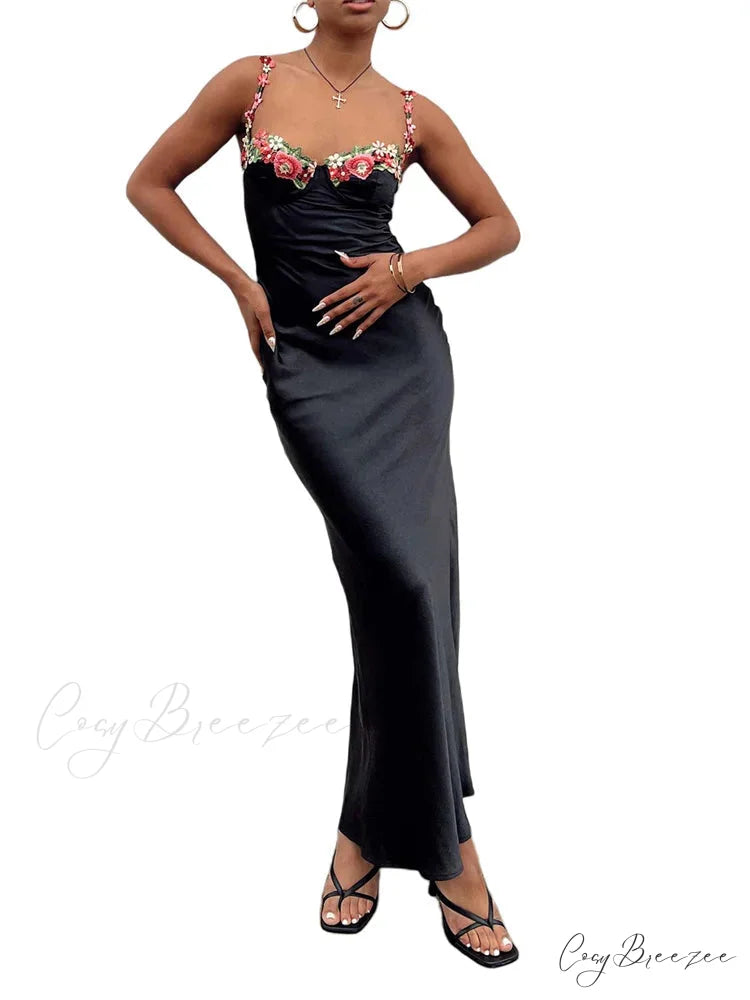 Women Sling Bodycon Flower Embroidery Sleeveless Spaghetti Strap Cocktail Summer Party Club Vestidos Black / S