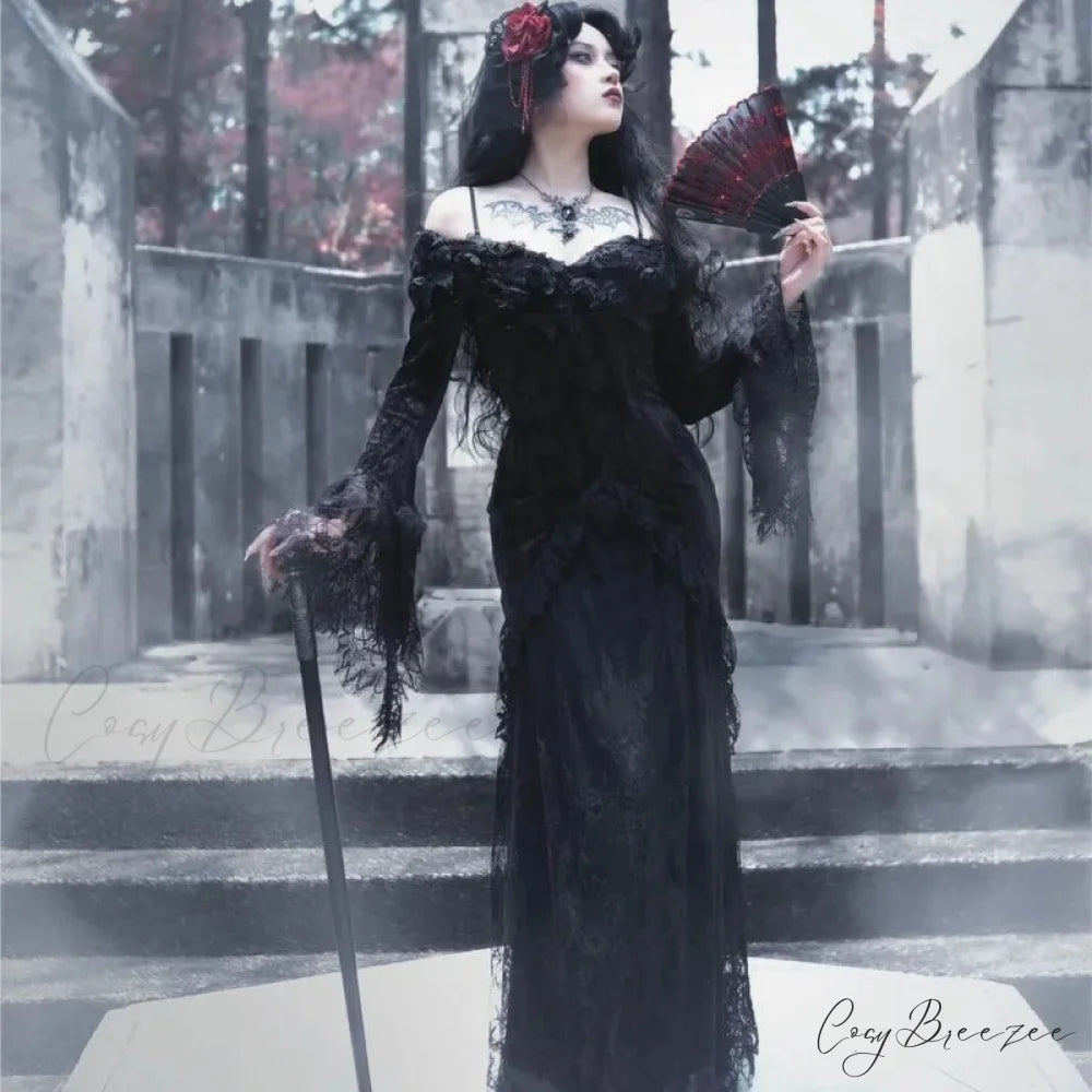 Women Style Dark Gothic Mid-Length Black Dress