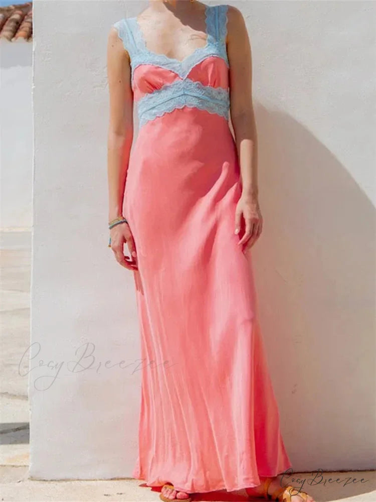 Women Summer Beach Lace Patchwork Sleeveless Tank Backless Sexy Ladies V-neck Female Vestidos ORANGE / S