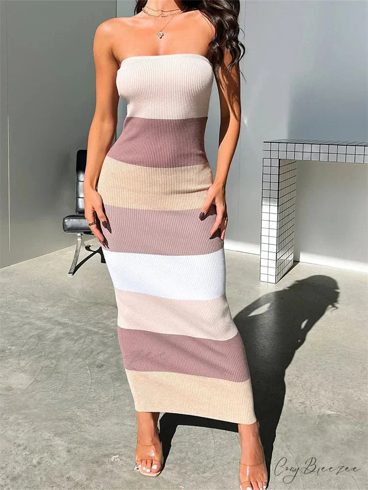 Women Summer Strapless Knitted Ribbed Female Sexy Vestidos Sleeveless Off Shoulder Striped Outfits BROWN / S