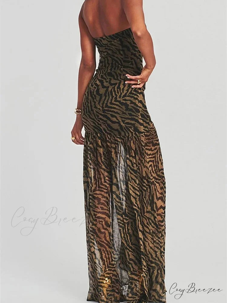 Women Tube Slim Strapless Off Shoulder Mesh Patchwork Leopard Floral Print Split Party Club Vestidos