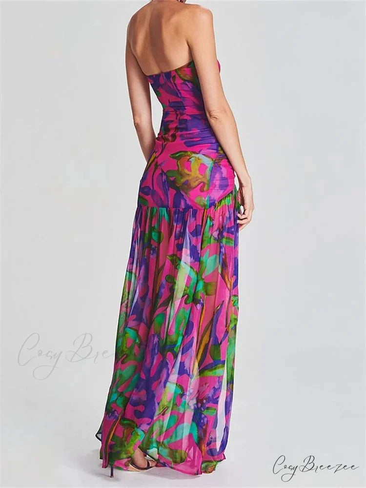 Women Tube Slim Strapless Off Shoulder Mesh Patchwork Leopard Floral Print Split Party Club Vestidos