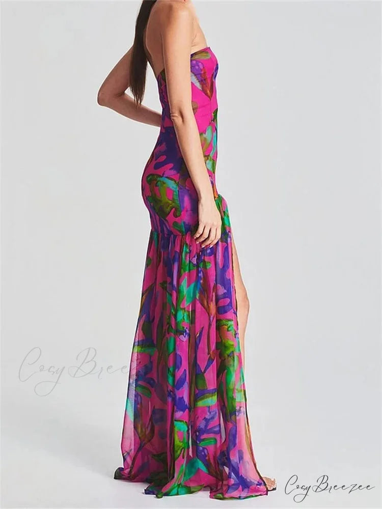 Women Tube Slim Strapless Off Shoulder Mesh Patchwork Leopard Floral Print Split Party Club Vestidos