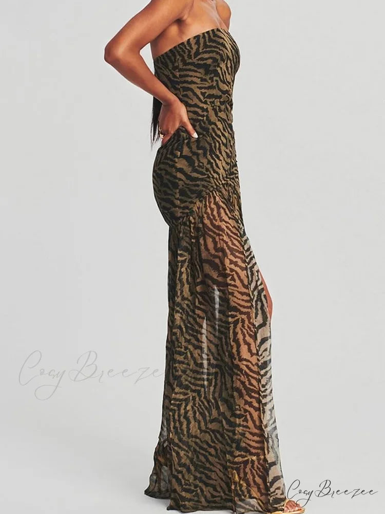 Women Tube Slim Strapless Off Shoulder Mesh Patchwork Leopard Floral Print Split Party Club Vestidos