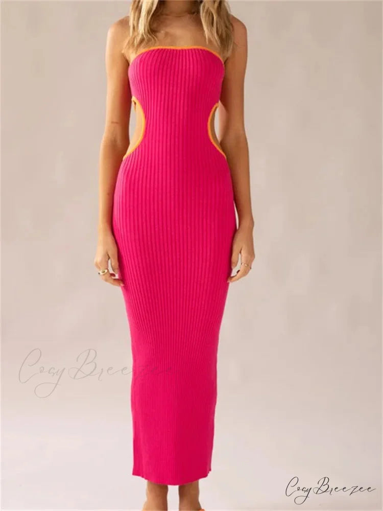 Women Waist Hollow Out Tube Strapless Off Shoulder Contrast Color Ribbed Summer Party Clubwear RED / S