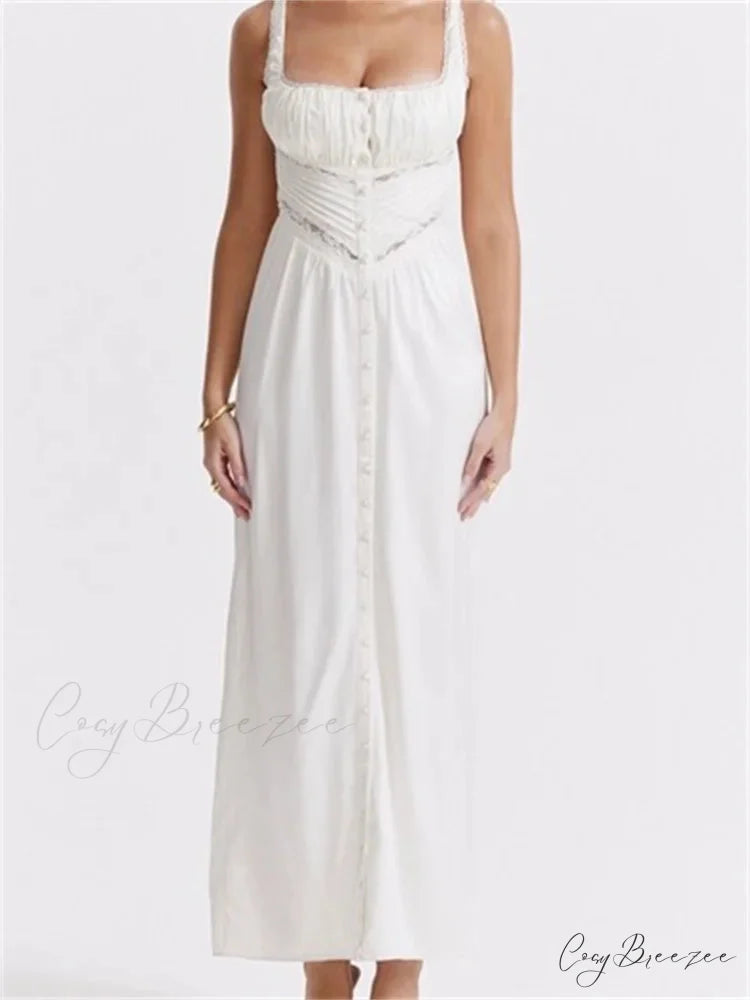 Women Y2K Low Cut Square Neck Boho Lace Floral Patchwork Sleeveless Strap Ruched Vestidos Sundress