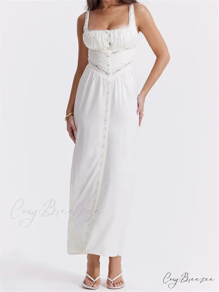 Women Y2K Low Cut Square Neck Boho Lace Floral Patchwork Sleeveless Strap Ruched Vestidos Sundress WHITE / S