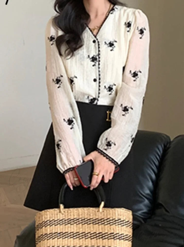 Women’s Button Blouse Up 2024 V Spring Neck Long Arm Patterned Casual Top