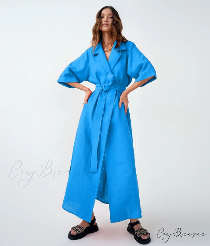 Women’s Casual Loose Half Sleeve Cotton Linen Office Blazers Dress L / BLUE