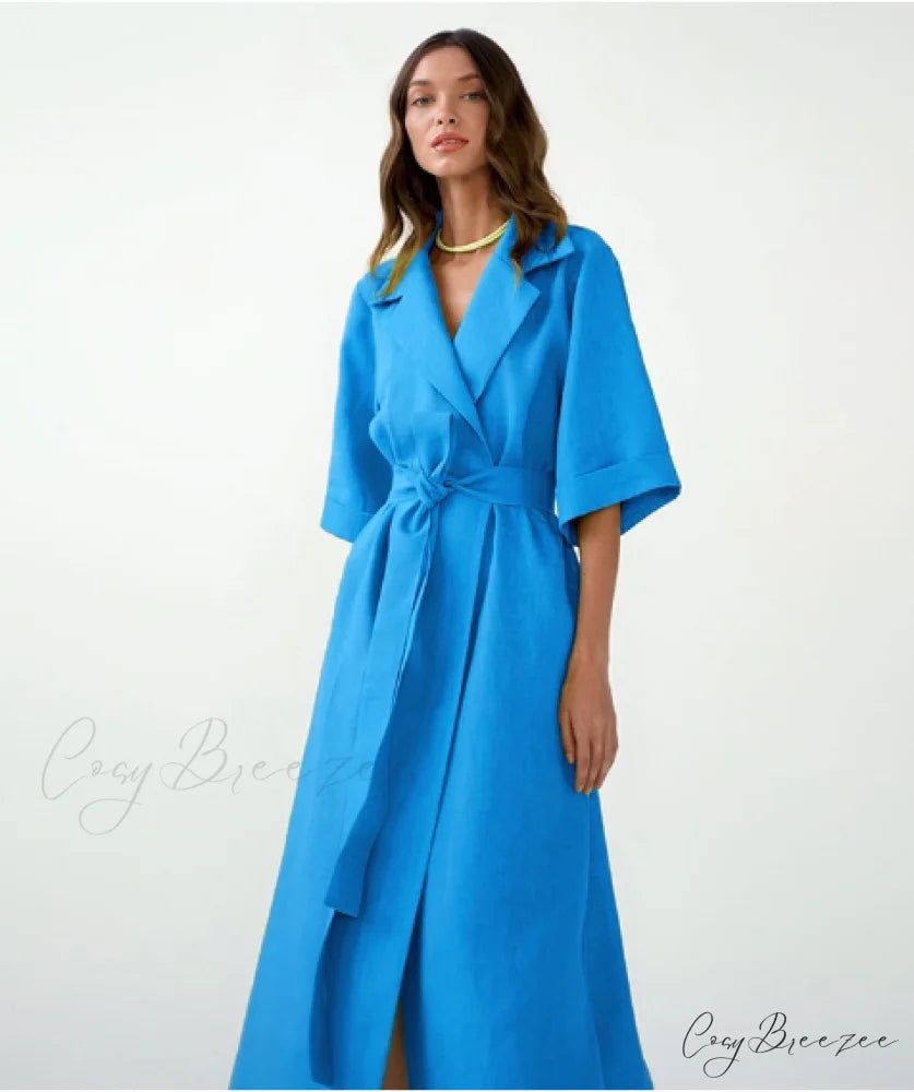 Women’s Casual Loose Half Sleeve Cotton Linen Office Blazers Dress M / BLUE