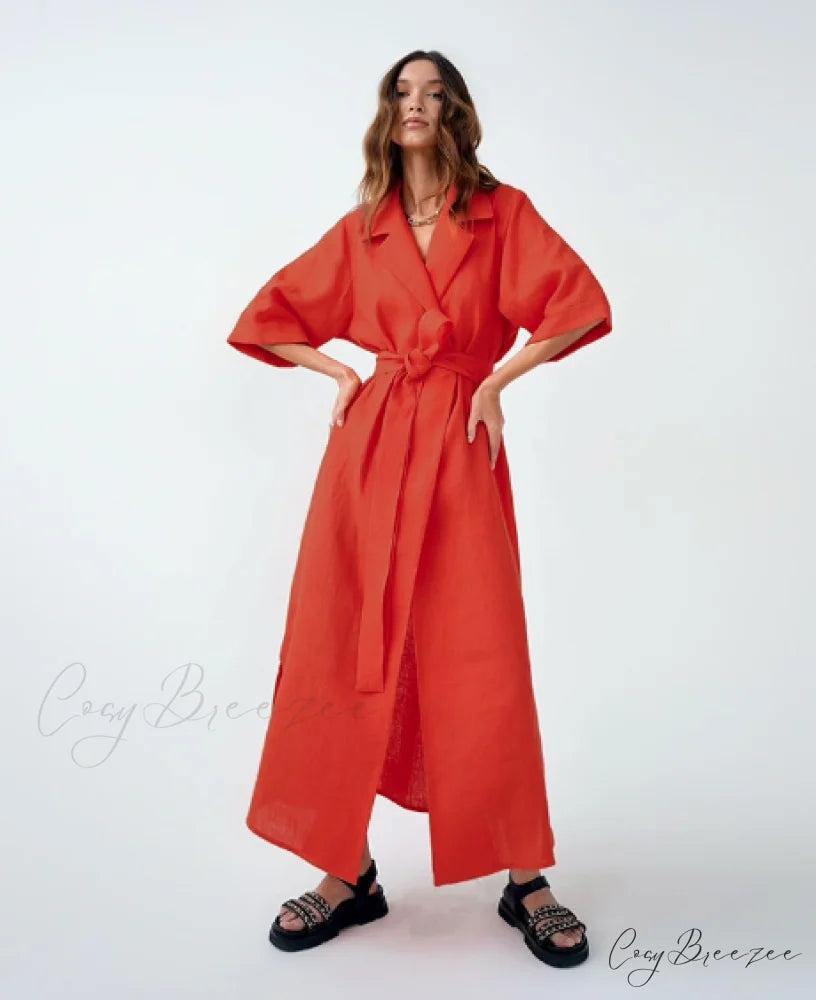 Women’s Casual Loose Half Sleeve Cotton Linen Office Blazers Dress S / RED