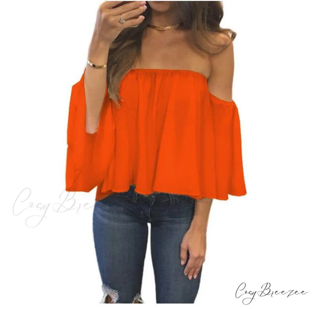 Women’s Chiffon Off Shoulder - Warm-Season Top Coastal Strapless - T-shirt 5XL Orange / XS