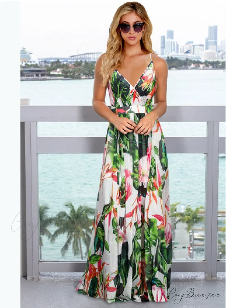 Women’s Deep V Neck Floral Print Beach Sling Maxi Dress S / WHITE