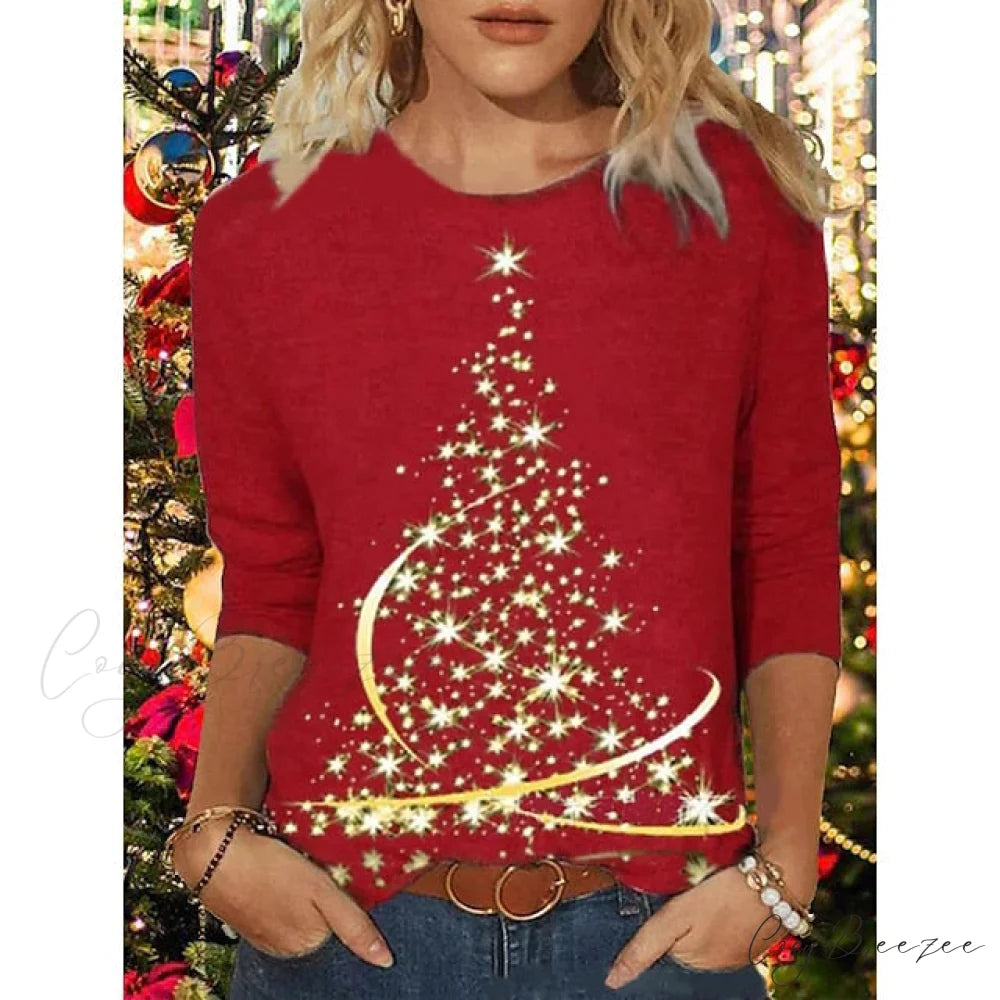 Women’s Design Neck Round Festive Long Red Flowered Peacock Green Arm Tree Christmas Casual Blue Brick Dark Shirt Brick