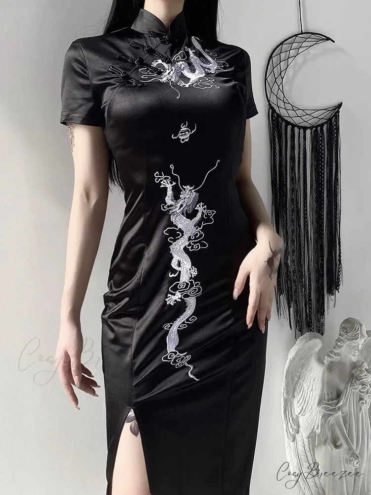 Women’s Embroidery Dragon Qipao Cheongsam Retro Side Slit Stand Collar Evening Dress