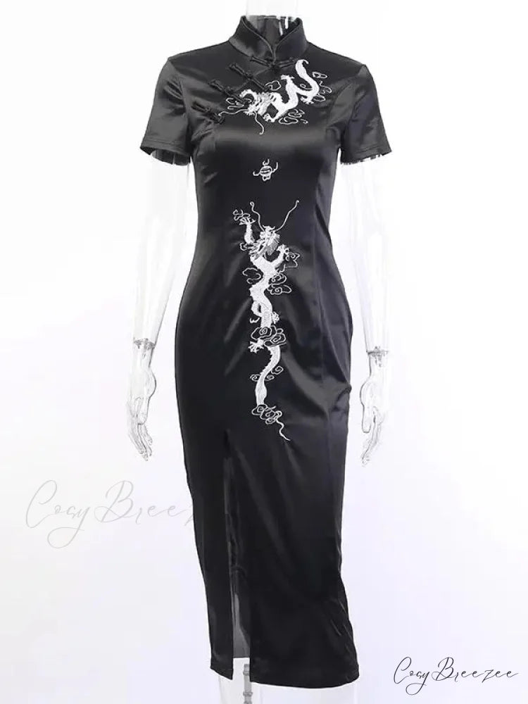 Women’s Embroidery Dragon Qipao Cheongsam Retro Side Slit Stand Collar Evening Dress Black / S