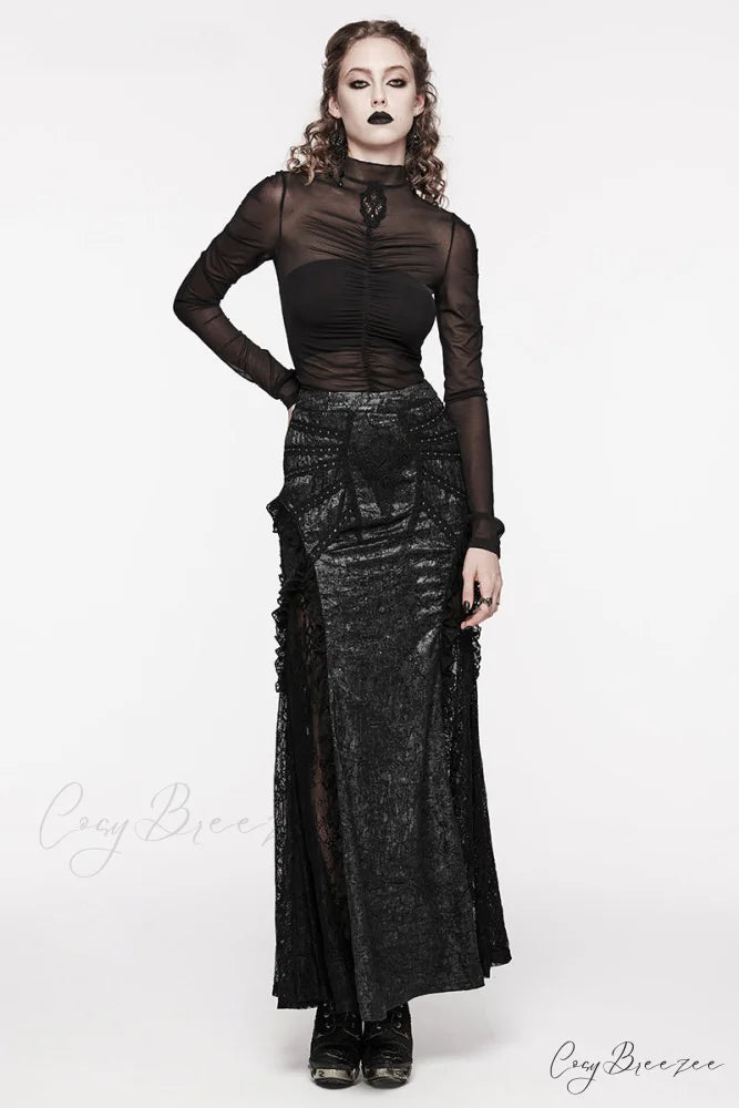 Women’s Gorgeous Textured Gothic Midi Party Club Decoration Sexy Lace Splicing Long Skirt BLACK / XS