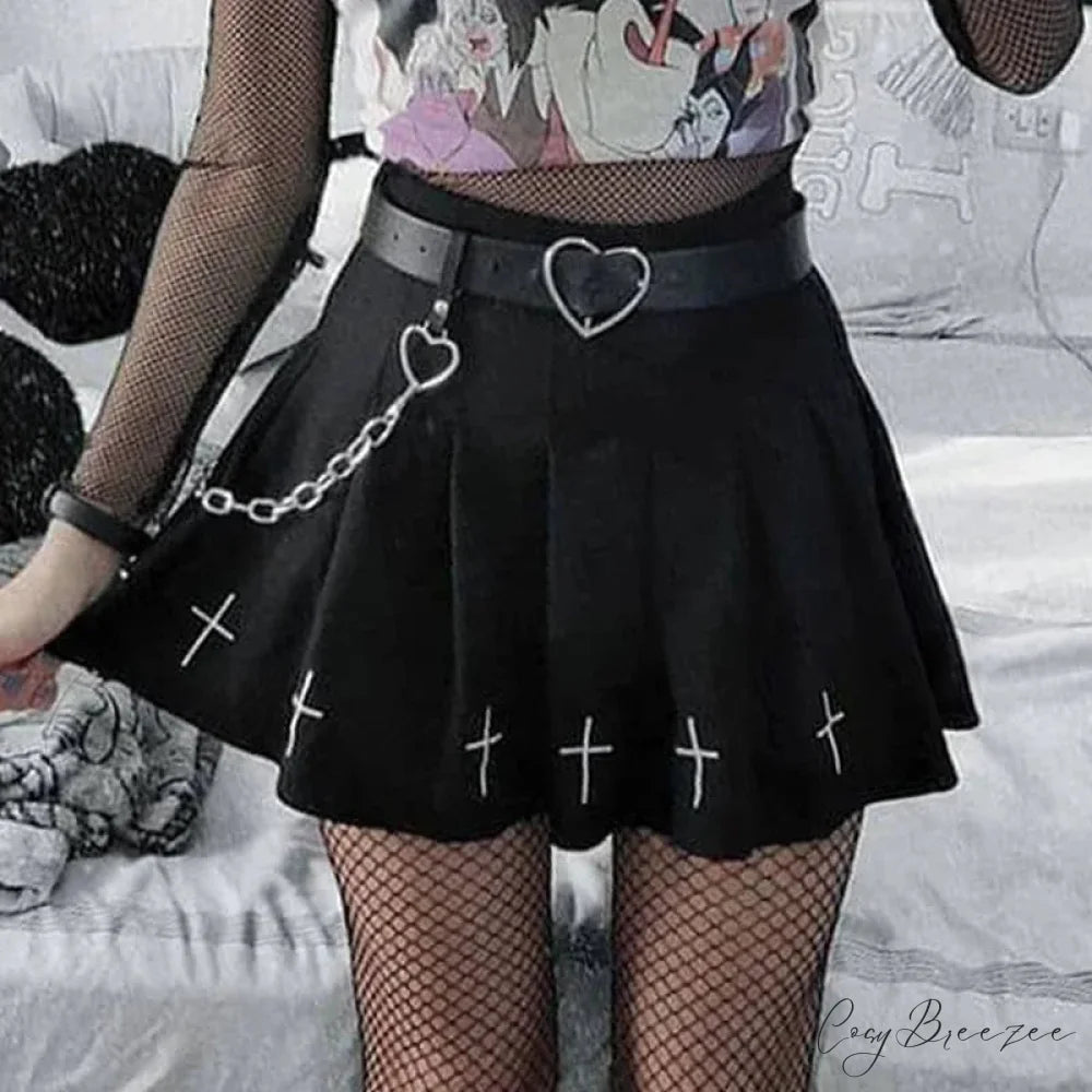 Women’s High Waist Gothic Mini Ladies Cross Pattern Mini Pleated Dark Style Skirt