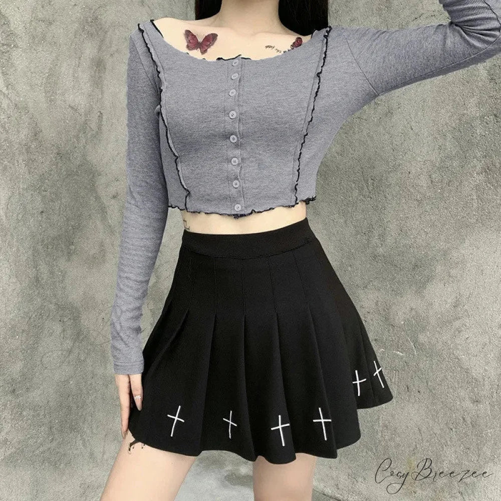 Women’s High Waist Gothic Mini Ladies Cross Pattern Mini Pleated Dark Style Skirt