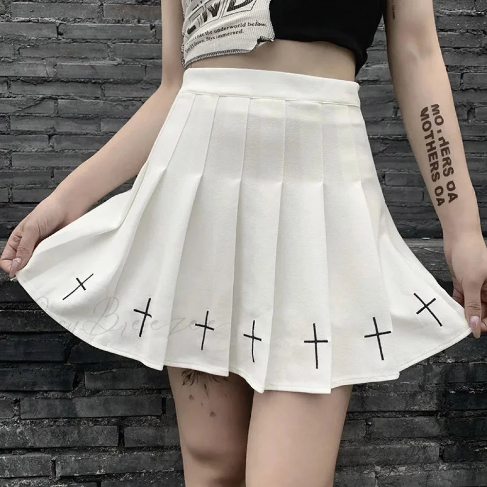 Women’s High Waist Gothic Mini Ladies Cross Pattern Mini Pleated Dark Style Skirt WHITE / S