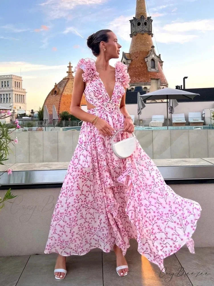 Women’s Holiday Party Dresses Sexy V Neck Backless Floral Ruffle Christmas Party Dress