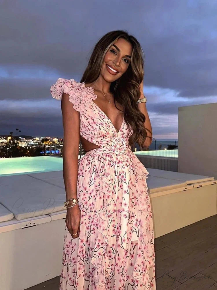 Women’s Holiday Party Dresses Sexy V Neck Backless Floral Ruffle Christmas Party Dress