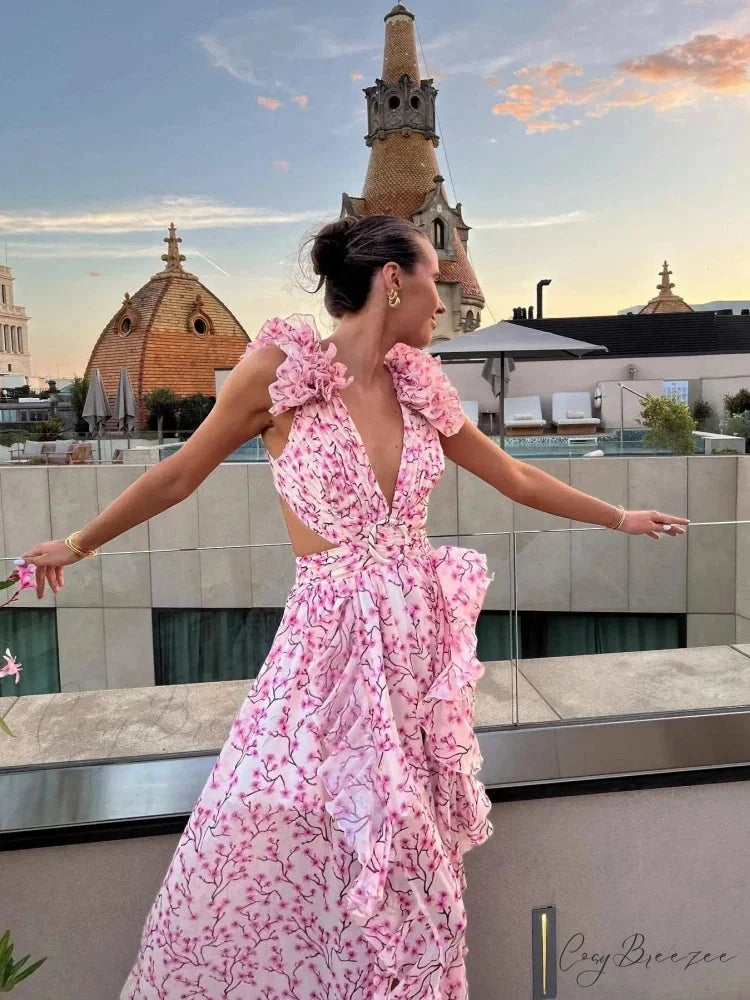 Women’s Holiday Party Dresses Sexy V Neck Backless Floral Ruffle Christmas Party Dress