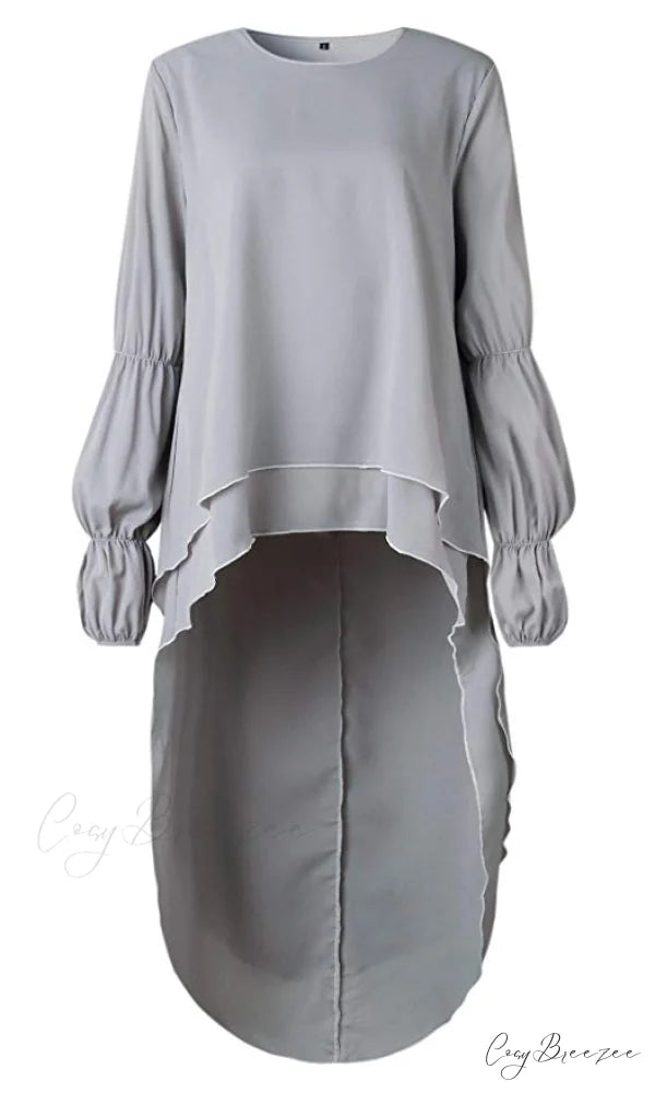 Women’s Lantern Sleeve Round Neck High Low Asymmetrical Hem Casual Blouse Dress M / ARMY GREEN