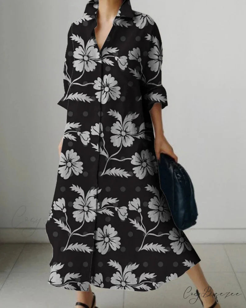 Women’s Lapel Long Sleeve Floral Print Shirt Dress color2 / S oldfloraldress-250126