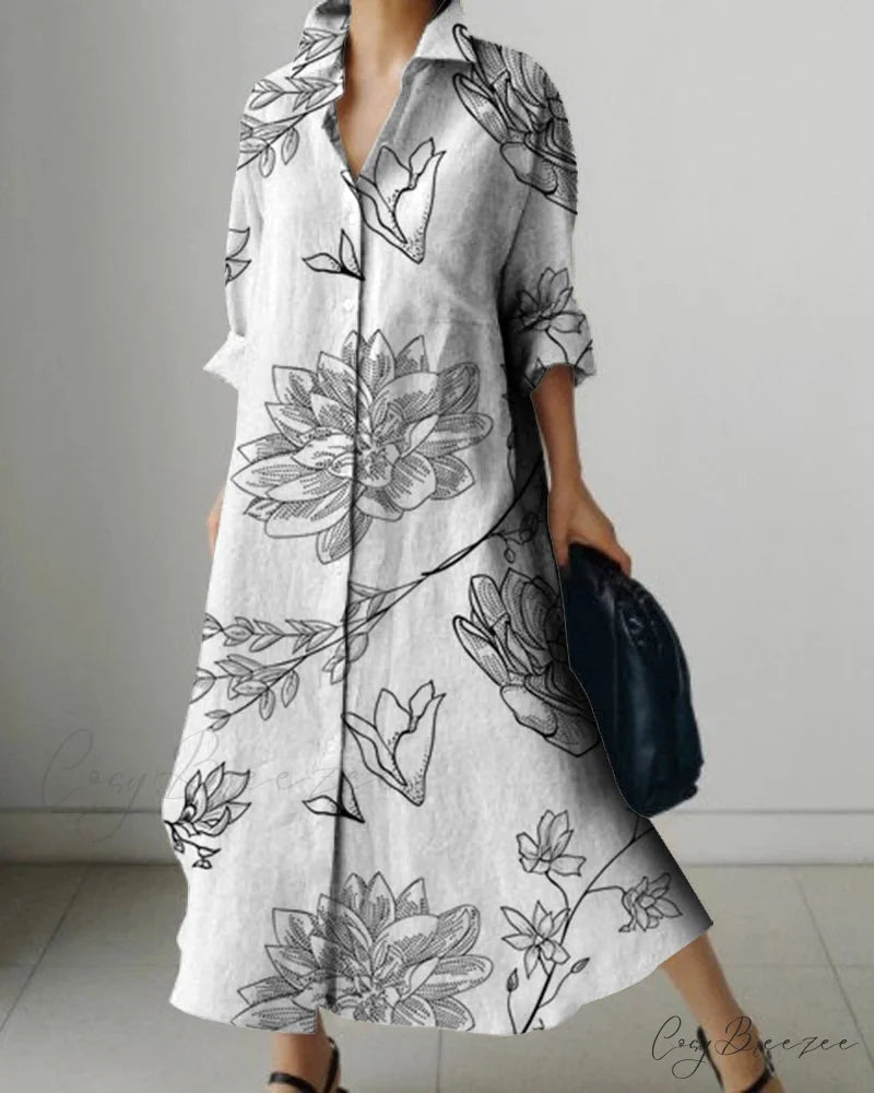 Women’s Lapel Long Sleeve Floral Print Shirt Dress color7 / S oldfloraldress-250126