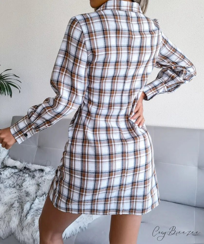 Women’s Long Sleeve Lace-Up Shirt Dress - Single-Breasted Cotton Linen Autumn Print L / GREEN