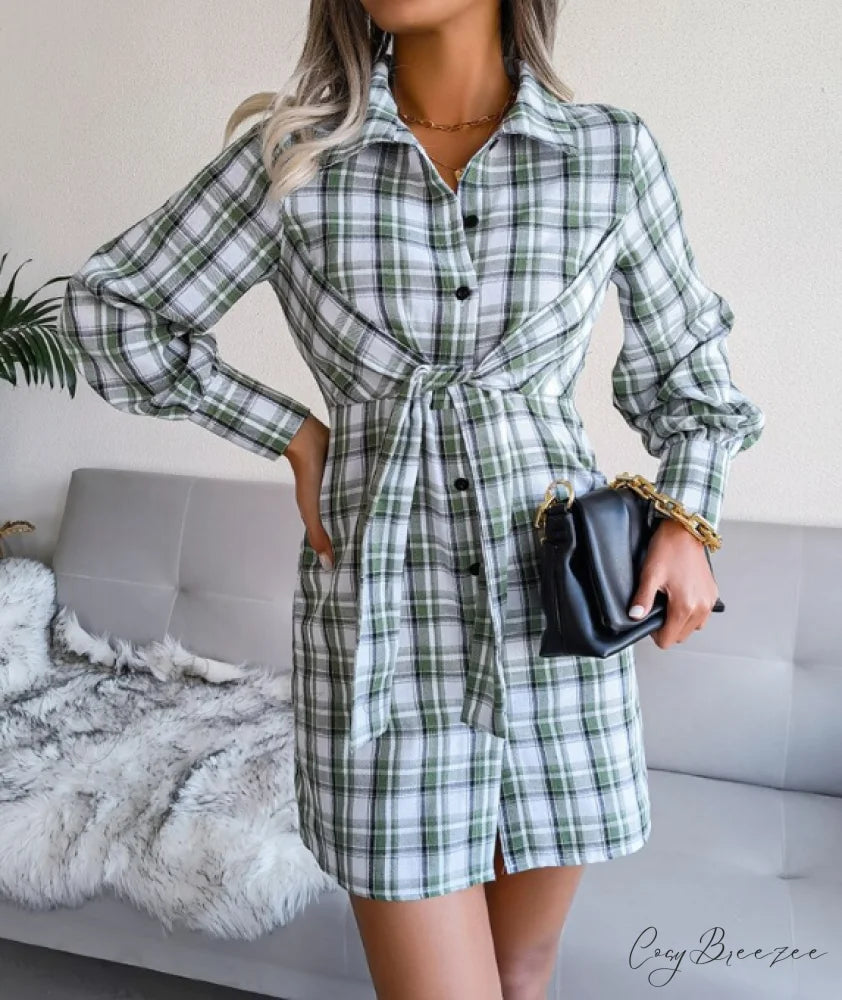 Women’s Long Sleeve Lace-Up Shirt Dress - Single-Breasted Cotton Linen Autumn Print XL / BLUE