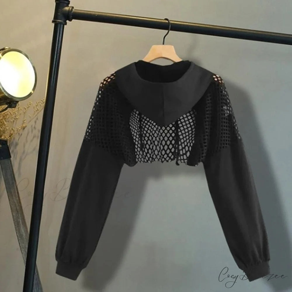 Women’s Mesh with Out Hoodie Black Crop Top Hollow Patchwork